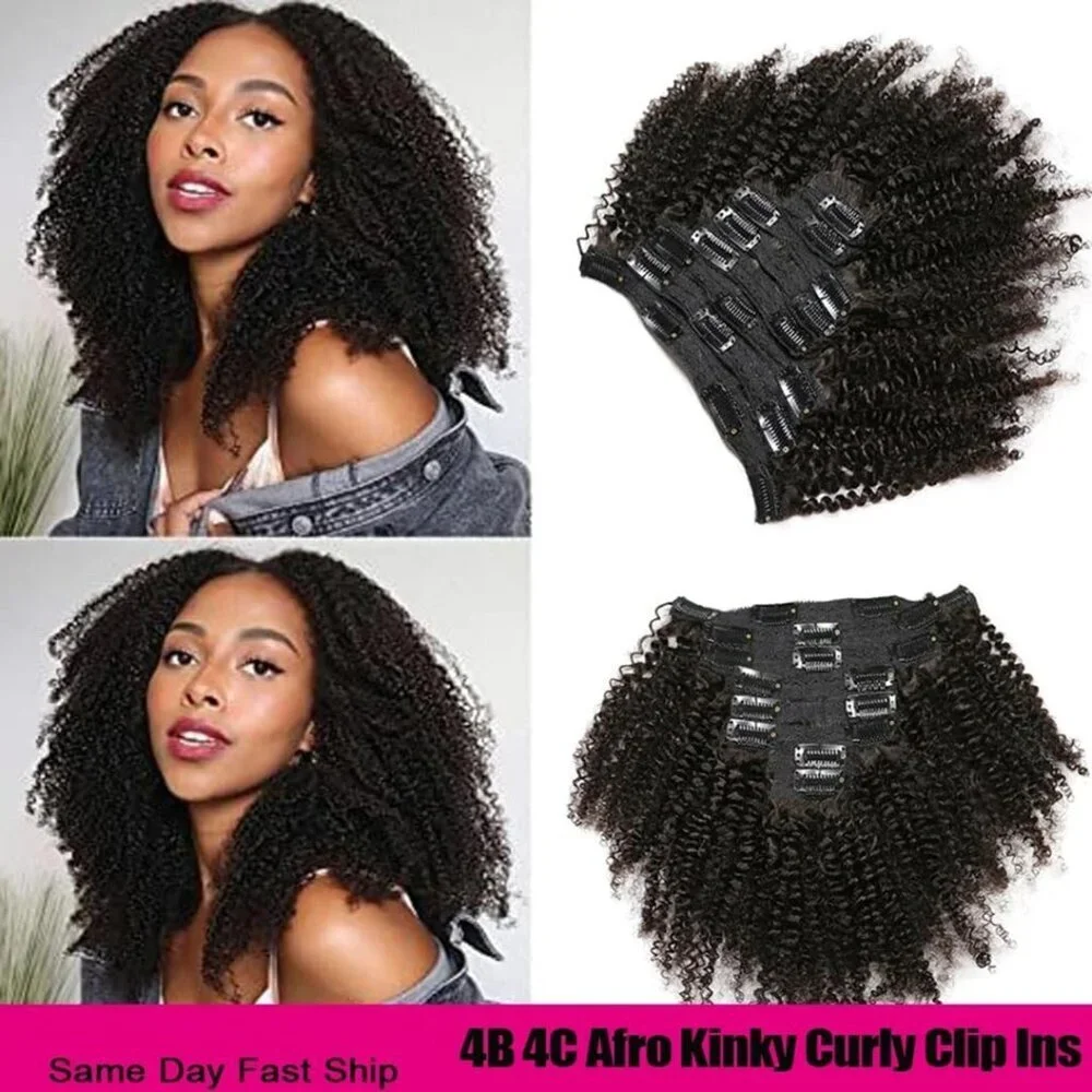 Human Hair Clip In Extensions Afro Kinky Curly 8 Inch Black 8Pcs